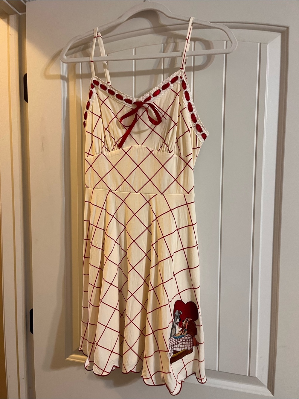 Her Universe women’s Disney Cream & Red Grid Slip Dress with Heart Patch